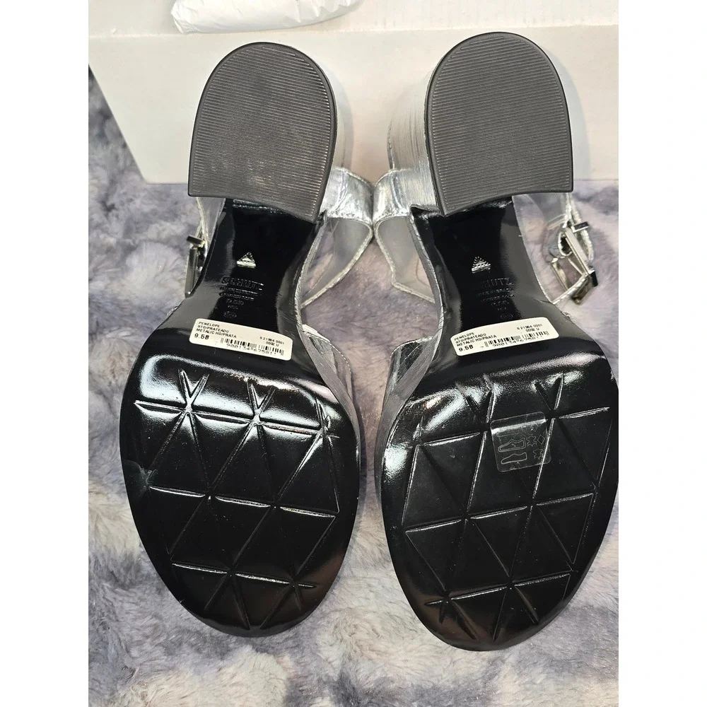 NWB Schutz Penelope Platform Sandal Silver Metallic Block Heel Womens 9.5